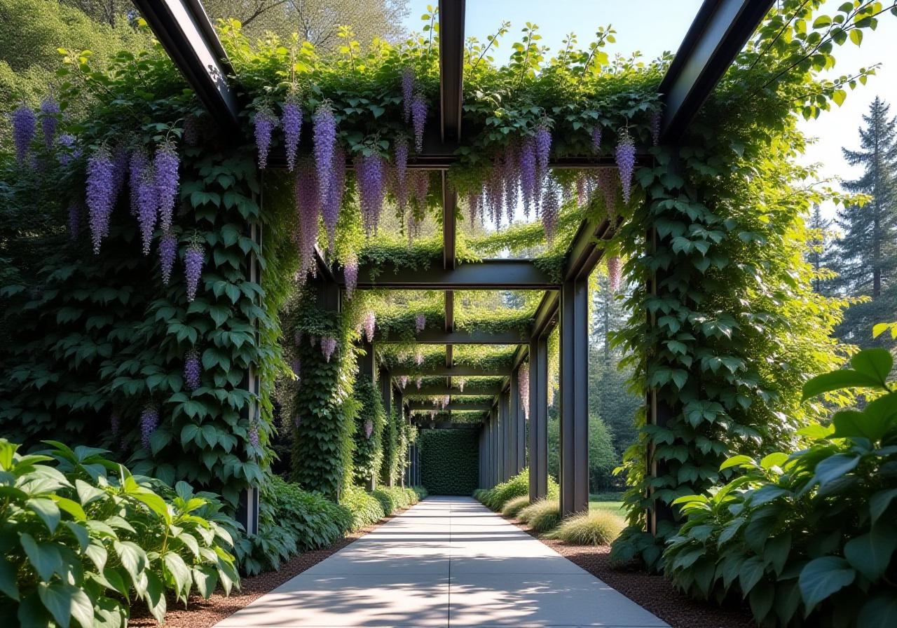 Industrial garden installation with steel beams and climbing plants