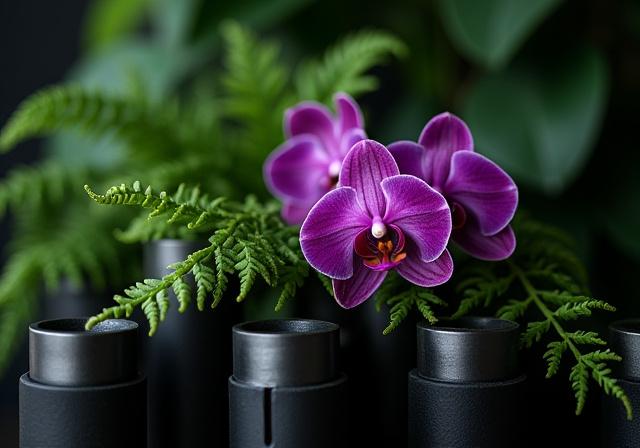 Close up of an industrial floral arrangement with natural ferns