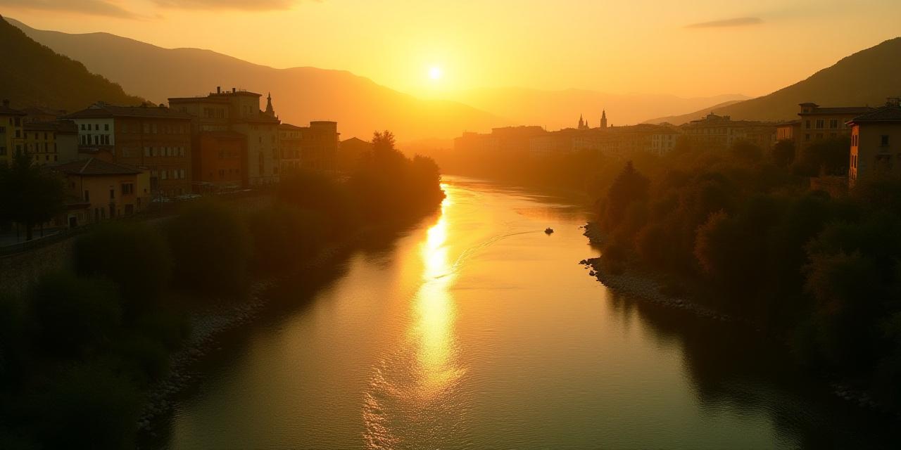 Veduta panoramica di un fiume italiano al tramonto