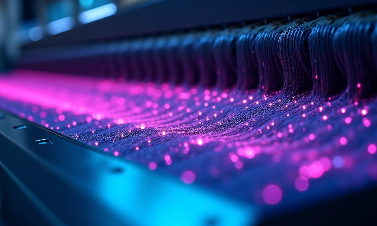 AIが制御する高度な織機の近未来的なクローズアップ